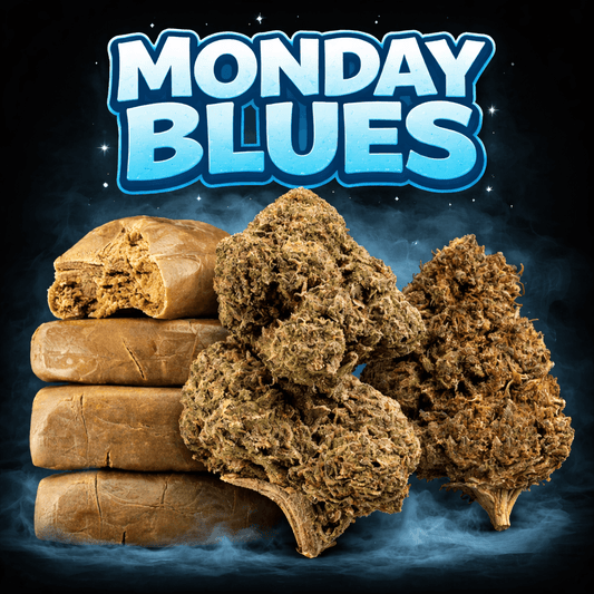 Monday Blues cannabis bundle with Bubble Hash, OG Kush CBD flower and Hippie Harvest CBD flower